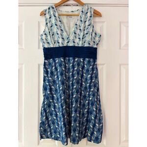 Patagonia Womens Blue White Ikat Feather Print Sleeveless V-Neck Dress Large